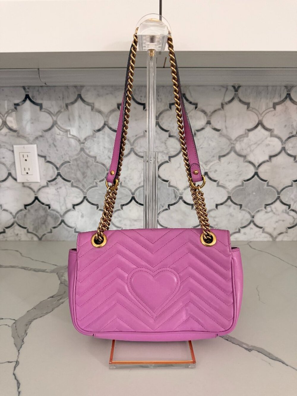 Gucci GG Marmont Medium Matelassé Shoulder Bag Fuchsia Pink Leather - Picture 3 of 6